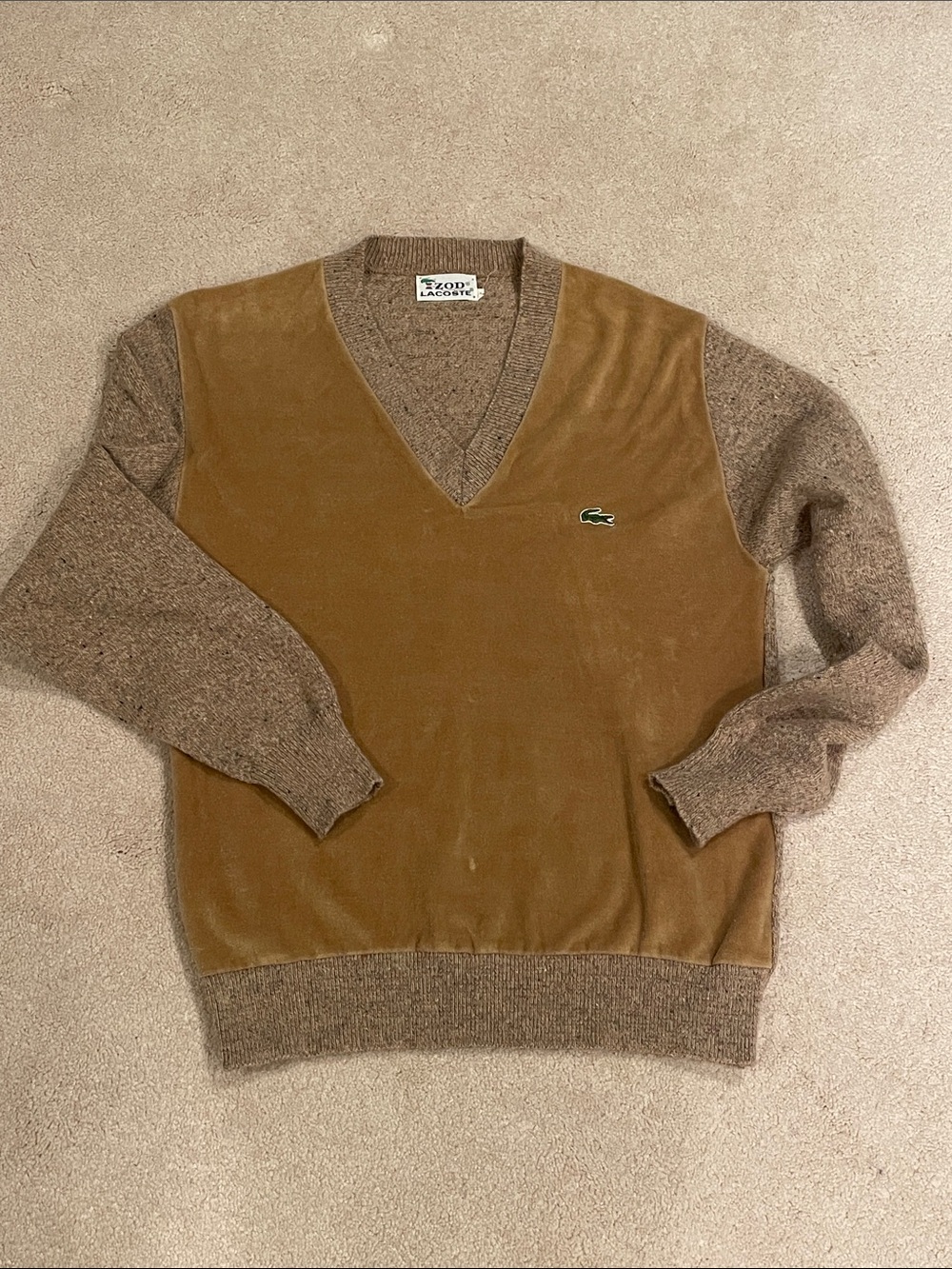 Izod Lacoste V-Neck Sweater in Camel Body with Brown Sleeves